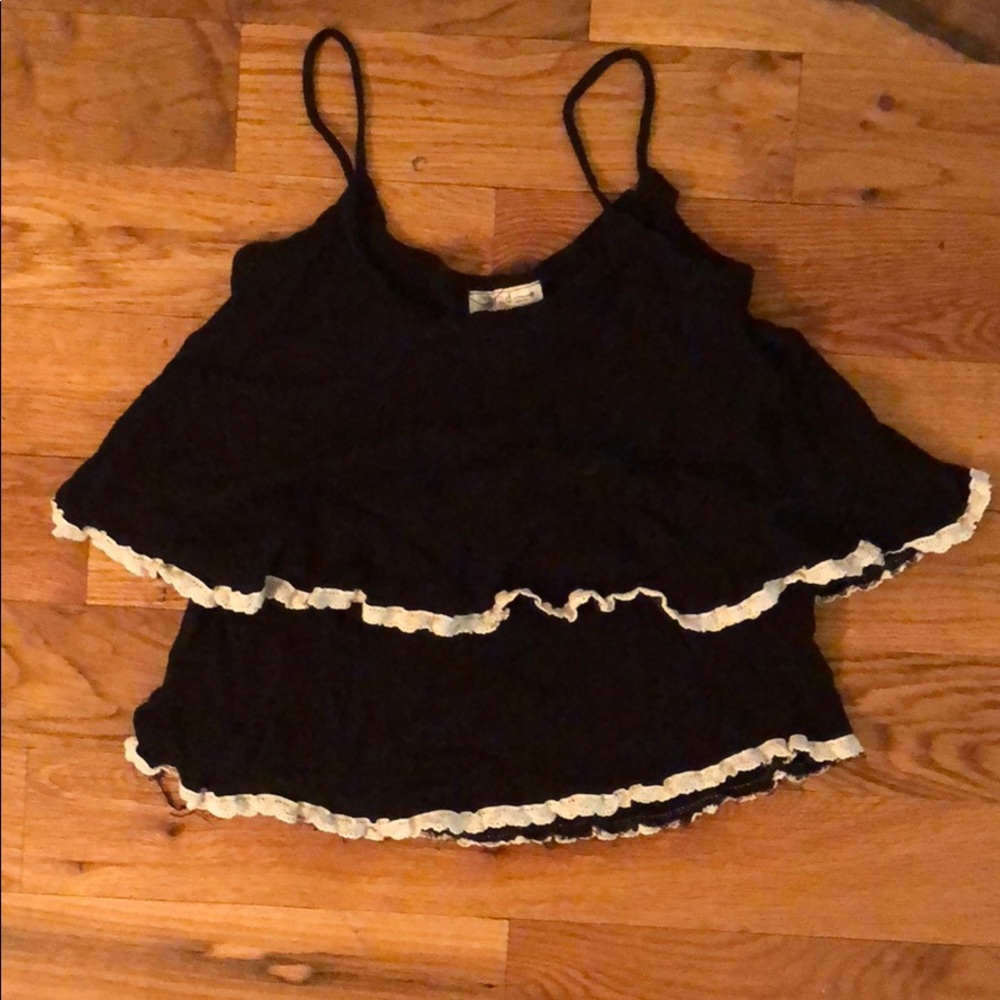 Black Cropped Tank with Cream Lace Accents